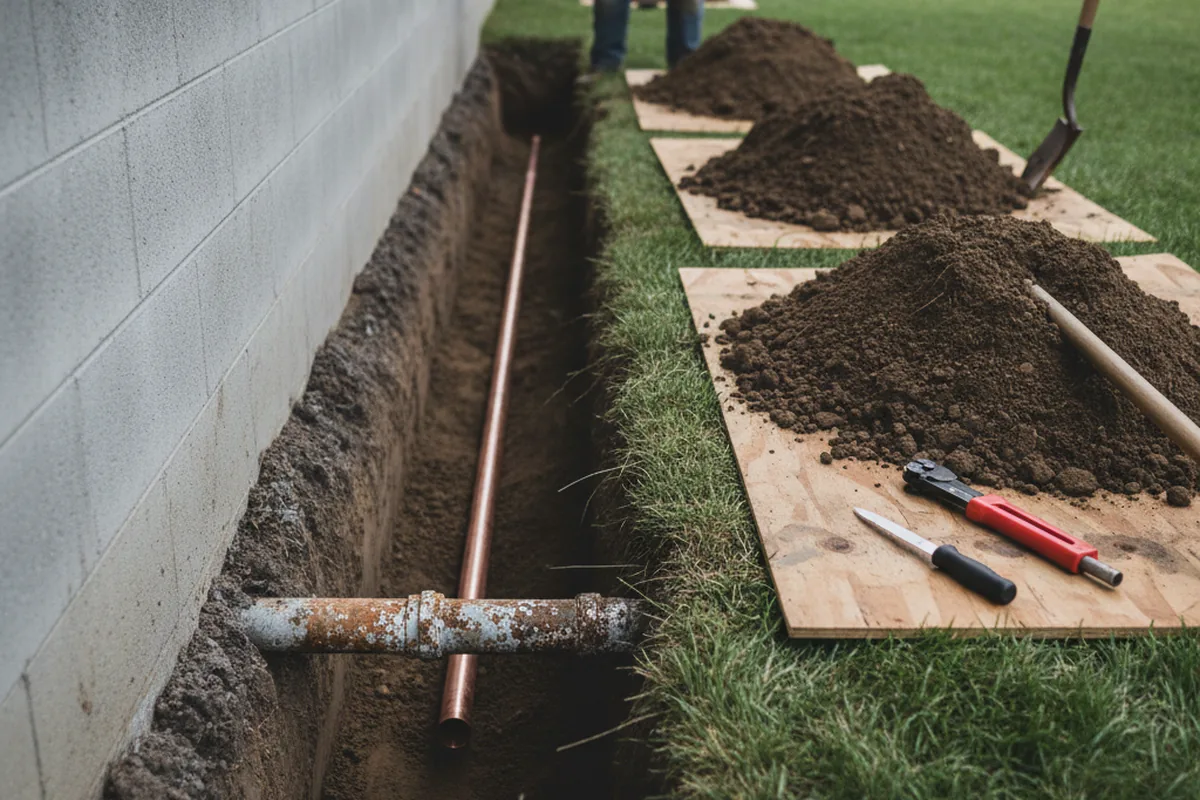 Excavated water line trench during Water Softener Installation in Jefferson City